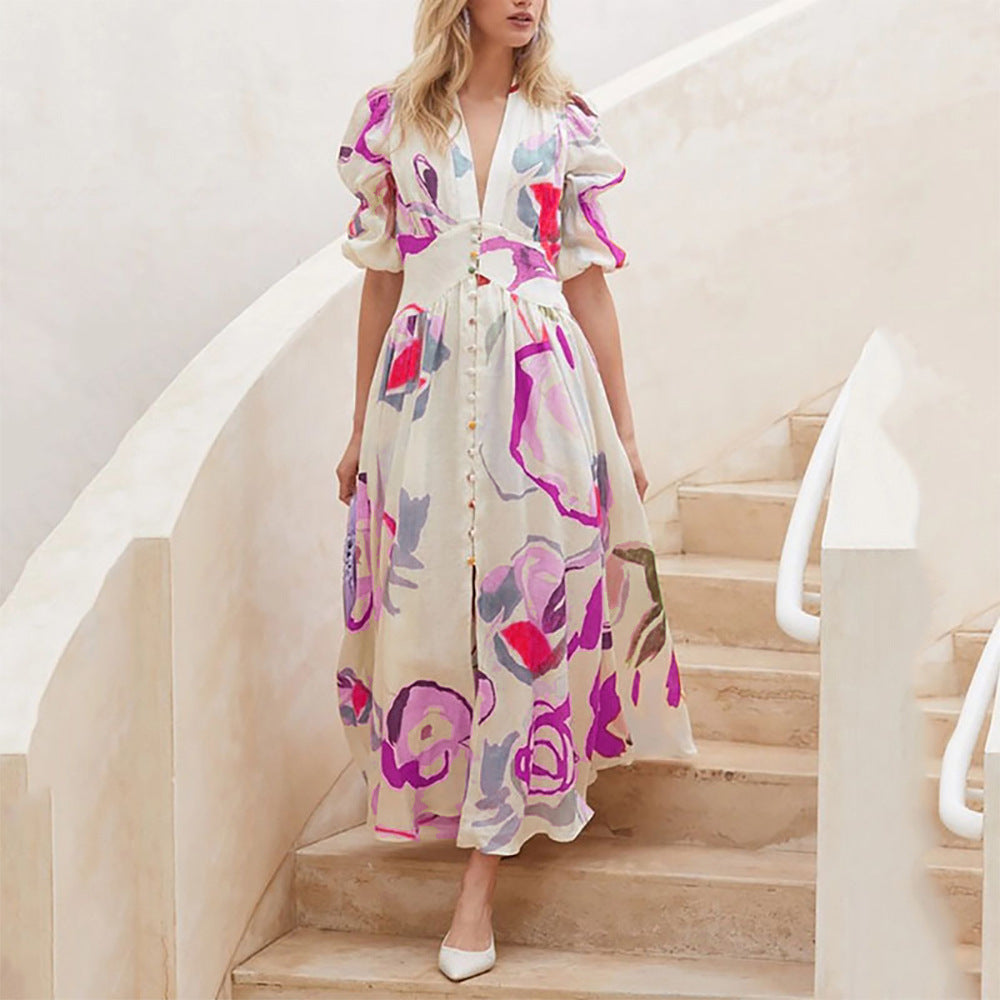 Women Summer V-neck Button Short Sleeve Dress
